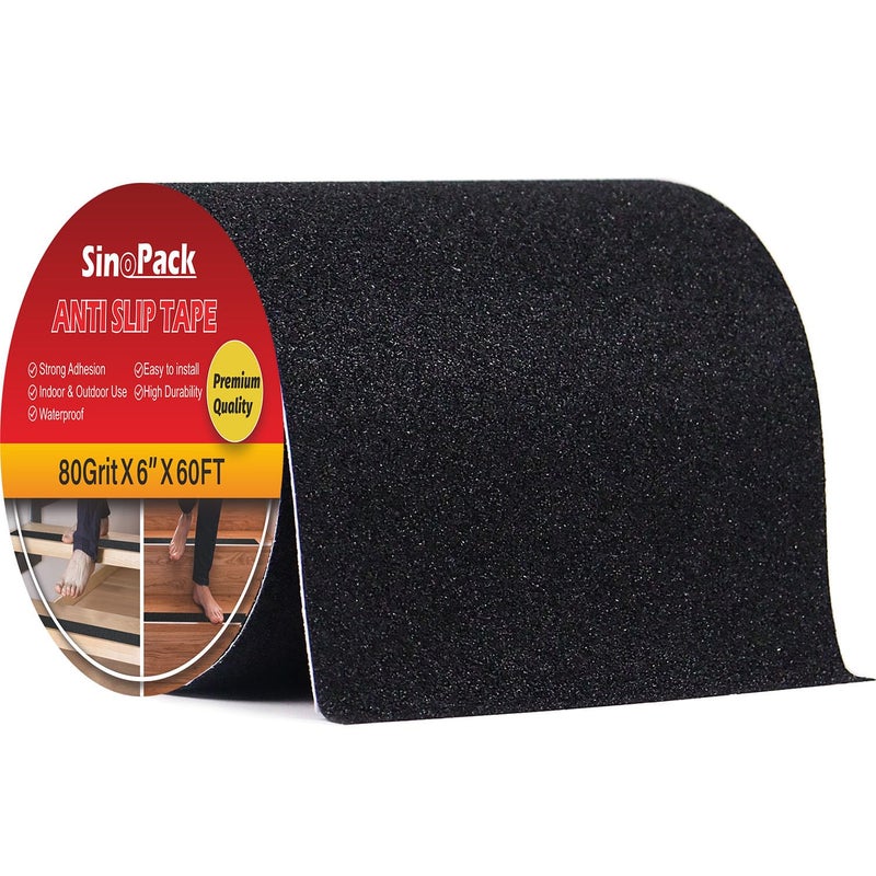 SinoPack 6" Anti Slip Tape, Black Non Slip Ramp for Outdoor 6Inch x 60FT Non Skid Tape, Best Grip Non Slip Strips Tape High Traction Friction Abrasive Adhesive for Stairs Step - Image 1